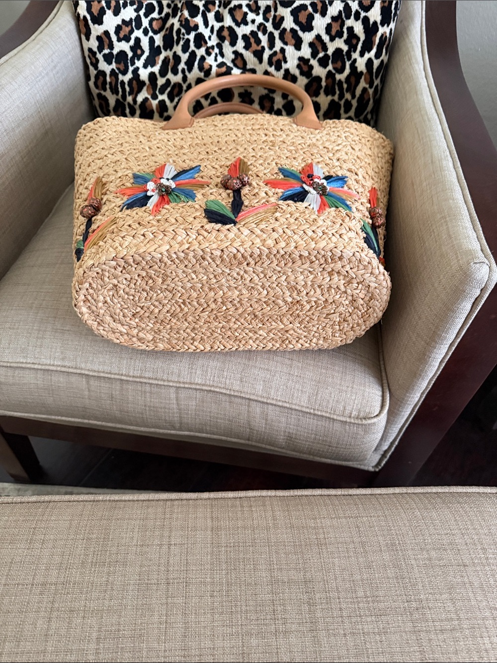 Tory Burch Straw Tote with Tan Leather Trim and Multicolor Floral Tassels - Picture 4 of 5
